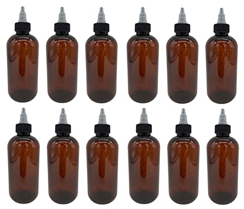Natural Farms 8 oz Amber Boston Plastic Bottles - 12 Pack Empty Bottle Refillable - BPA Free - Essential Oils - Aromatherapy | Black/Natural Twist Top Cap - Made in the USA