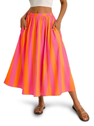 Image of Cicy Bell Womens Summer Striped Maxi Skirts A-Line Beach Vacation Outfits | Elastic Waist, Side Pockets, Flowy, Midi Length, Color Contrast, Trendy Casual
