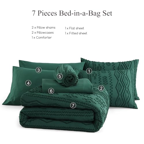 Image of AMBERSPACE Queen Comforter Set Emerald Green, Tufted Boho Bedding Farmhouse Dark Green Bed Set, All Season 7 Pieces Bed in a Bag with Sheets, Pillowcases & Shams