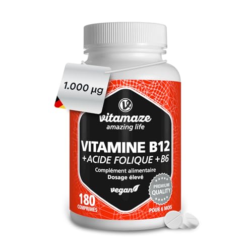 Vitamine B12 1000 mcg avec Acide Folique 375 mcg + Vitamine B6 - Méthylcobalamine 180 Comprimés Vegan - Utilisation Sublinguale Possible, Qualité Allemande, sans Additifs Inutiles