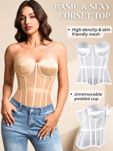 Image of Kaei&Shi Sheer Mesh Overbust Corset,Sexy Strapless Lace Up Satin Bra Corsets Top For Women Shapewear