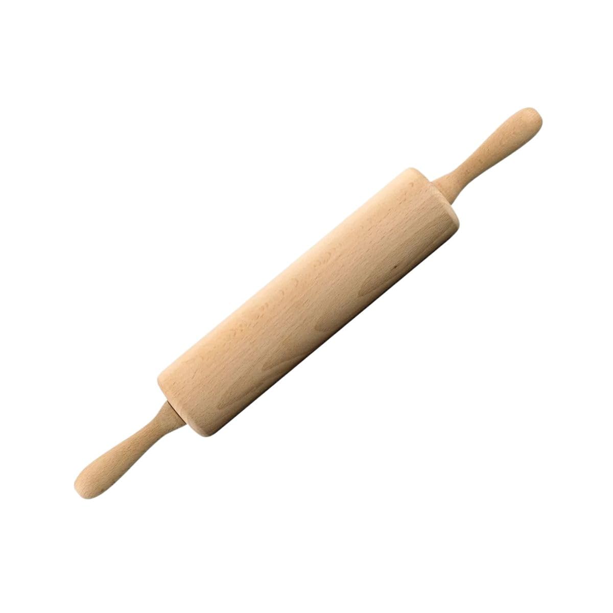 Le rouleau à pâtisserie Fackelmann 31540 en bois de hêtre, avec son axe métallique central et ses poignées ergonomiques.