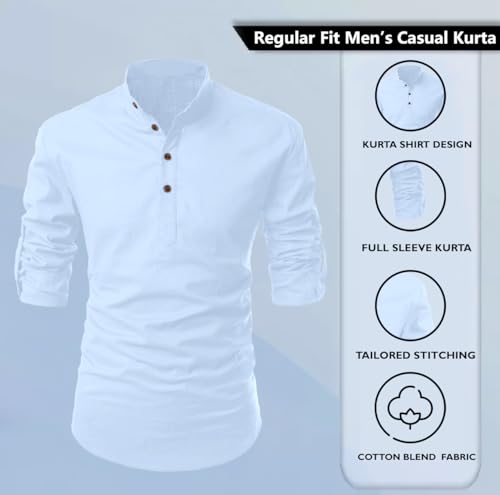 Image of Zombom Men's Solid Cotton Polyester Blend Casual Regular Fit Mandarin /Chinese Collor Full Sleeve Kurta Shirt for Men