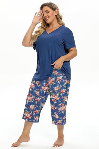 Image of Vozanet Women's V Neck Sexy Pajamas Capri Sets Mexican Style Floral Sleepwear 2PCS Totem Casual Nighty Plus Size M to 5XL