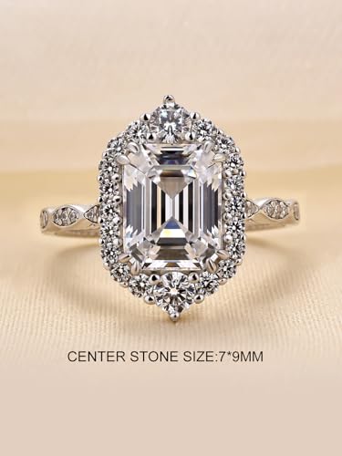2.5CT Emerald Cut Engagement Ring for Women, S925 Sterling Silver AAAA CZ Simulated Diamond Promise Ring with Halo and Side Stones2