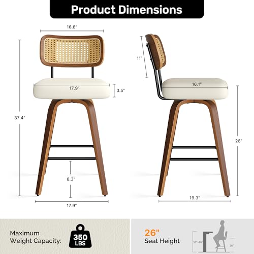 Image of Swivel Bar Stools Set of 1, 26 inch Upholstered Faux Leather Counter Height Barstools with Rattan Back & Bentwood Legs, Mid Century Modern Bar Chairs Island Stools for Kitchen Counter, Cream White