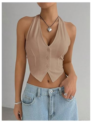 MakeMeChic Women's Button Front Halter Crop Tops Tie Back Fitted Vest Top Suit Vest Waistcoat3