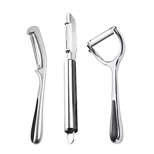 BOYUNLE 3 Piezas Pelador de Acero Inoxidable, Pelador de Cabeza Fija para Verduras y Frutas, Pelapatatas con Mango Ergonómico Redondeado, Pelador Tipo Arco, Plata