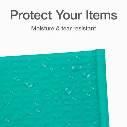 Image of Quality Park Bubble Mailers, 4 x 8 Shipping Envelopes, Self-Seal, Small Teal Padded Envelopes, Redi-Strip Peel Off Closure, 50 Per Box (QUA85915)