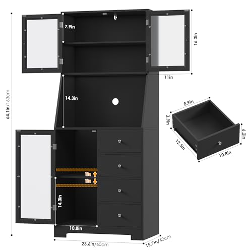 BOTLOG 64'' Kitchen Pantry Storage Cabinet, Tall Kitchen Storage Cabinet with Microwave Stand, Hutch Cabinet with Adjustable Shelves, for Dining Room, Black