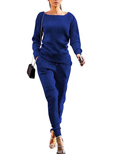 Uni Clau Womens Workout 2 Piece Outfits - Long Sleeve Pullover Sweatshirt and Long Pants Set Tracksuits Sweatsuits Blue