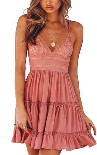 Image of ebossy Women's Sexy Boho V Neck Sleeveless Backless Lace Swing Mini Dress Spaghetti Straps Beach Vacation Sundress