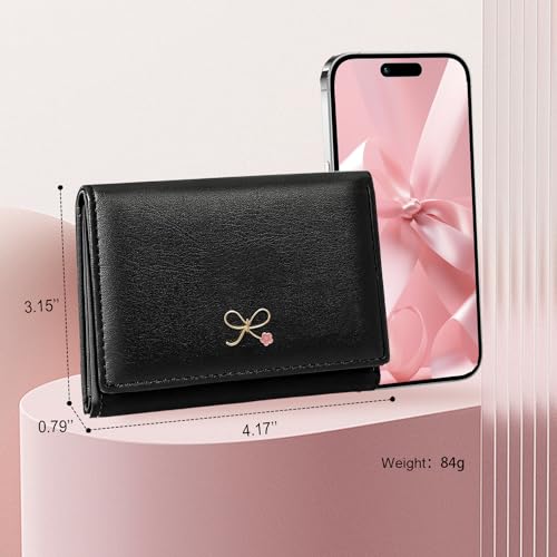 Sunwel Fashion Girls Cute Coquette Bow Wallet with Pink Froral Small Wallet Cash Pocket Card Holder ID Window Purse for Women (BLACK)4