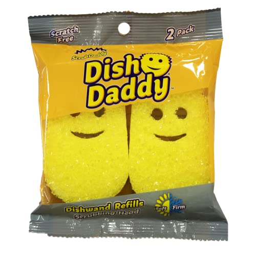 Image of Scrub Daddy Dish Daddy Wand, Refill Heads, Sponge & Connector Head, Soap Dispensing Dish Brush, Texture Changing Washing Up Sponge with Liquid Handle, Built-in Scraper & Scrubbing Head - Yellow
