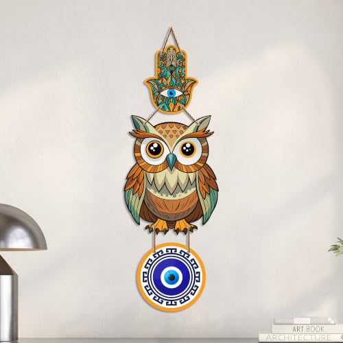 Image of Artvibes Lucky Owl Evil Eye Hanging Decor for Main Door & Entrance | Nazar Protection MDF Wall Art | Vastu Decorative Accent for Living Room | Office | Balcony & Hallway | Home Decoration (WH 8524N)