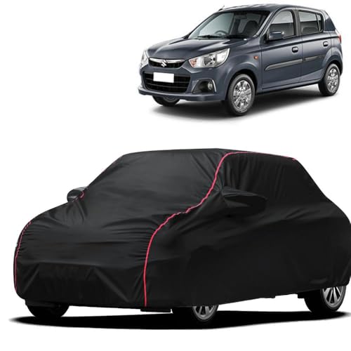 Image of Waterproof Car Cover for Maruti Suzuki Alto K10 | All-Weather Protection, Dustproof & UV Resistant | Triple Stitched Mirror Pockets, Windproof Buckle Strap with Elastic Hem, Black-Red Piping
