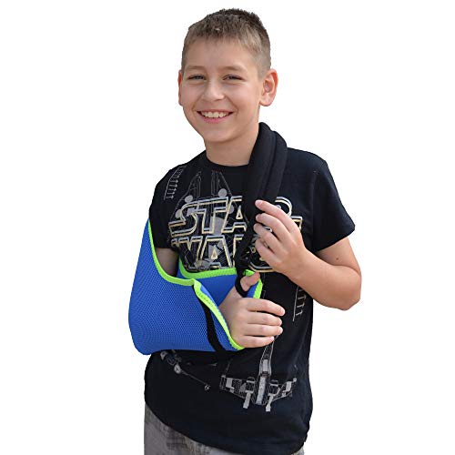 Soporte pediátrico para el hombro del brazo del brazo, Aprobado médicamente, fresco, Ajuste/tamaño fácil, Pulgar, Etiqueta adhesiva de curación feliz. Unisexo. (8-9 años, Azul/Lima)