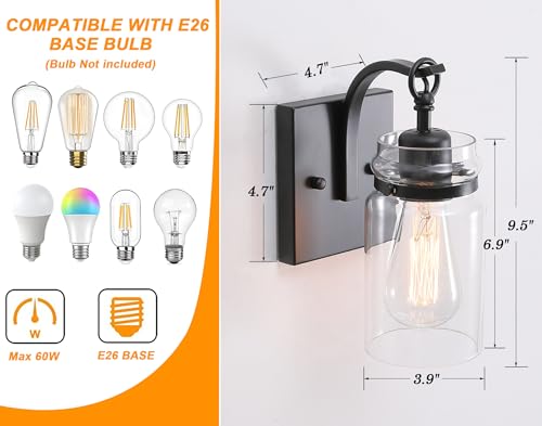 Image of Black Wall Sconces Lighting Fixtures with Clear Glass Indoor 1-Light Bathroom Wall Sconce for Bathroom Hallway Stairwell