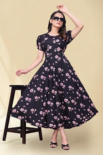 Image of Women's A-Line Crepe Maxi Dress | Stylish Fit and Flare Dress with Round Neck Short Puff Sleeves for Casual Wear