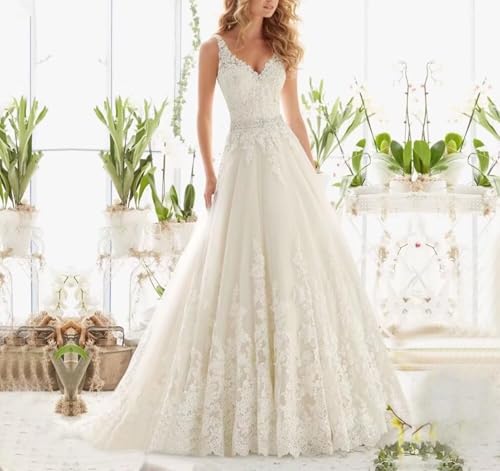 A Line Tulle Wedding Dresses for Women V Neck Sleeveless Bridal Gowns Lace Appliques Boho Wedding Gowns for Bride3