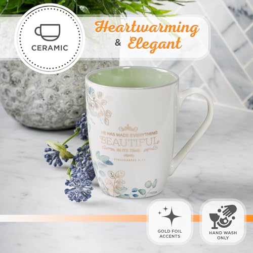 Christian Art Gifts Ceramic Encouraging Coffee and Tea Mug for Women: Made Everything Beautiful - Ecclesiastes 3:11 Inspiration Bible Verse for Hot and Cold Beverages, White and Sage Green, 12 oz.