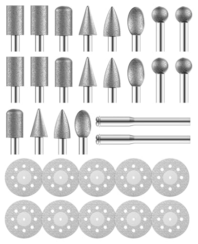 32Pcs Diamond Cutting Wheels and Grinding Bits Set for Dremel - 10Pcs Cutting Discs(22mm) 2Pcs 3mm Mandrel 20Pcs Drill Bits W/ 1/8 Shank for Rotary Tool