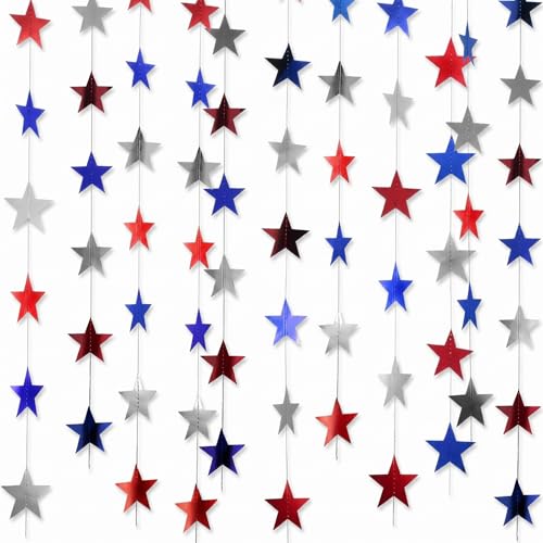 Image of Patelai 10 Pack Total 130ft Glitter Star Garland, Red Silver Blue Patriotic Streamers Bunting Banner for 4th of July Independence Day Decorations Memorial Veterans Day 250th Anniversary Party Supplies