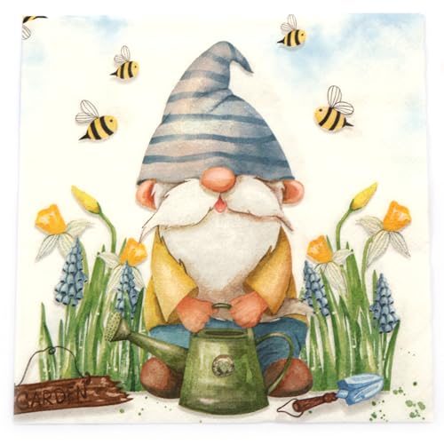 Set of 2 Individual Decoupage Paper Party Napkin Gnome Flowers Garden Bees Watercolor Decor Luncheon Napkins for a Birthday Holiday, Wedding, Cocktail Party