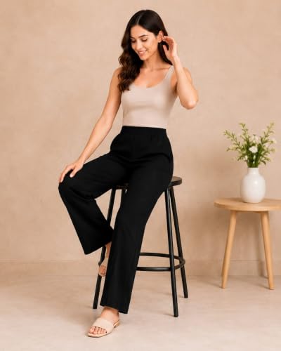 Image of Women's Mid Rise Wide Leg Trousers with Elastic Waist & Pockets