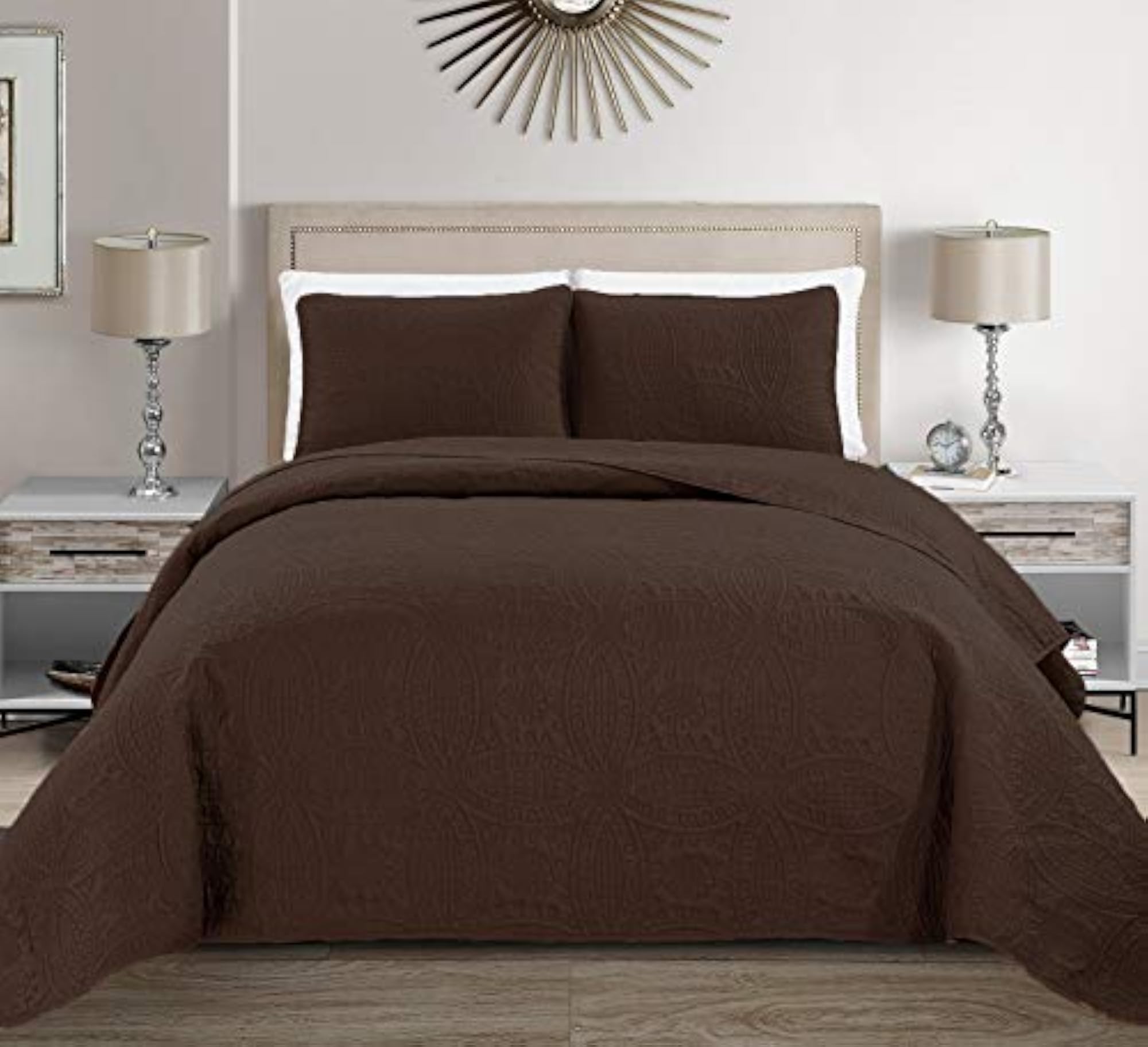 3pc King Size Embossed Oversized Bedspread Set, Dark Brown