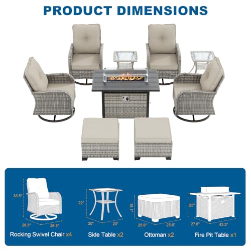 Image of 9-Piece Small Patio Furniture Set, Outdoor Swivel Rocking Chairs Set with 55,000 BTU Fire Pit Table Wicker Chairs and Ottomans, Patio Bistro Set for Balcony, Deck, Porch, Ivory