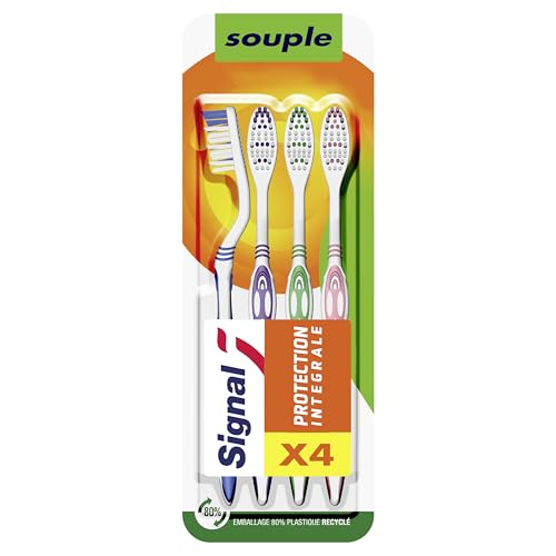 SIGNAL - Brosse à Dents Protection Intégrale - Brosse 100% recyclable fabriquée avec 80% de plastique recyclé - Souple (lot de 4 brosses à dents)