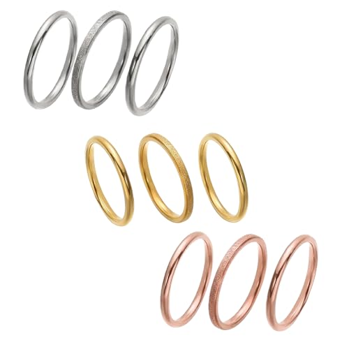 Stackable Fashion Rings Set, Silver, Gold, Rose Gold, Triple Band Design, Textured and Smooth Finish, Mixed Metal Collection，9 Pieces for Free Matching (9)