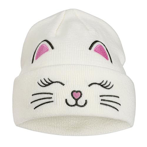 Kids Girls Cat Embroidery Beanies Winter Warm Knitted Hats Skull Cap for Ages 7-12 Years
