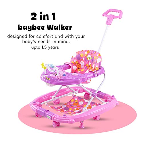 Image of Baybee 3-in-1 Baby Walker for Kids 6 to 18 Months with Rocker Mode, Removable Toy Bar, Adjustable Height, Inbuilt Music, Sunshade & Smooth 360 Wheels | Easy Folding Walker for Boys & Girls (Lite Pink)