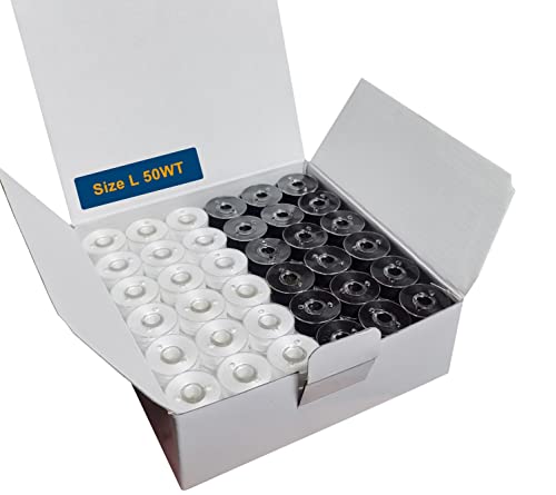 HimaPro 144 bobinas preenrolladas para máquinas de bordar, tamaño L (SA155), buenas para Brother, Babylock, Janome, Bernina, Husqvarna, Pfaff máquinas de bordar, etc. (caras de plástico negro y blanco
