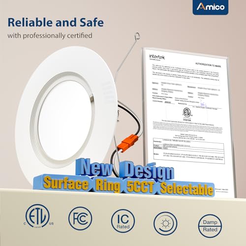 Amico 6 Pack 5/6 Inch LED Recessed Lighting, Retrofit Can Lights with Baffle Trim, Surface Ring 5CCT Selectable (2700K/3000K/4000K/5000K/6000K), Dimmable, 12.5W=100W, 950LM, IC Rated, ETL & FCC by Amico - Used condition - Image 5