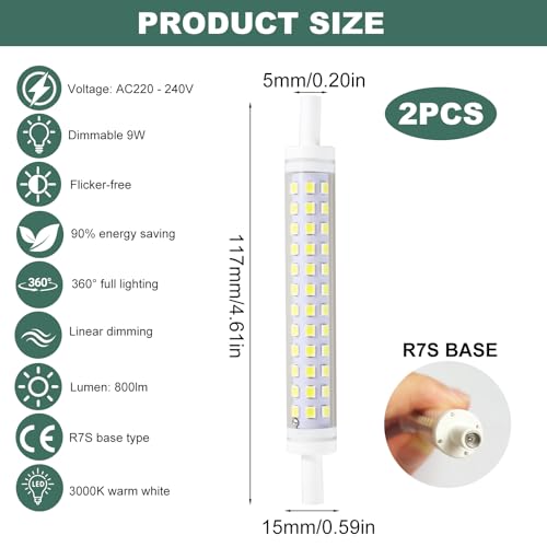 Inajoke R7s Bulb 118mm LED Dimmable Light 9W 3000K J118 Warm White Led Linear Energy Saving Halogen Bulb Double Ended Base Replacement for Ceiling Floodlight Lamp, 2 Pack