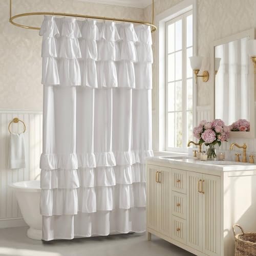 Madison Park Grace White Shower Curtain Solid Cottage Top Shower Curtains for Bathroom 72 X 72 White