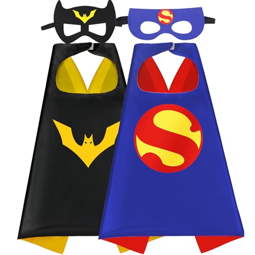 Mizzuco Superhero Capes for Kids Cloak with Mask Halloween Costumes and Party Dress up 2PCS?Black+Blue+Yellow