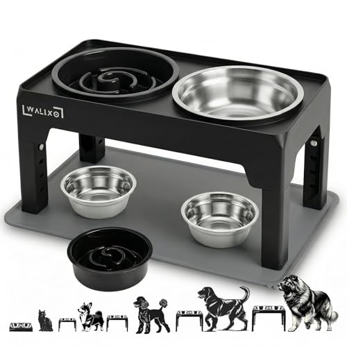 WALIXO Ciotola Rialzata per Cani con 5 Altezze Regolabili – Migliora Postura e Digestione – 2×1200ml Inox + 1×800ml Anti-Ingozzamento – Con Tappetino Antiscivolo – Per Cani Piccoli, Medi e Grandi