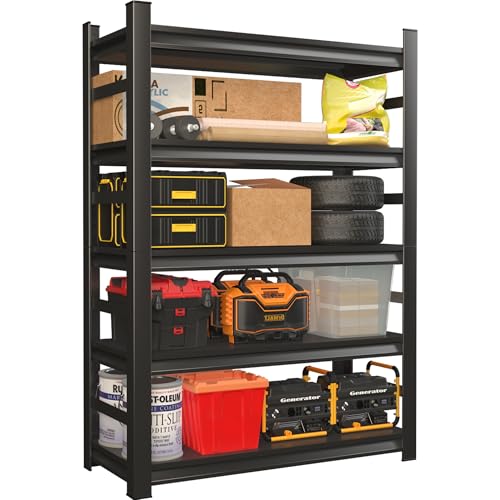 Estantería de metal resistente de 5 niveles, estantes de almacenamiento de 72 pulgadas de alto, capacidad de 2500 libras, estilo industrial, estante escalonado ajustable, negro, 16 pulgadas de