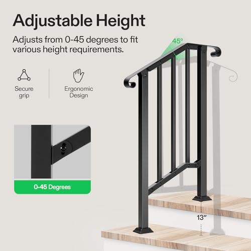 Image of VIVOSUN Outdoor Handrail, 2 Step Stair Handrail, 26 inch x 36 inch Fits 1 to 2 Steps, Wrought Mattle Iron Stair Railing with Curved Ends and Balusters for Concrete Steps, Porch Steps, One-step Assembly, Black