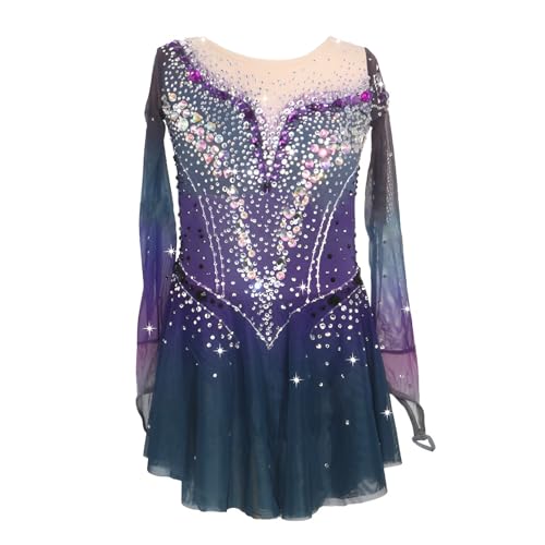 Girl's Sparkly High Elasticity Figure Skating Dress for Competition, Women's Handmade Ice Skating Dresses(Large) Purple