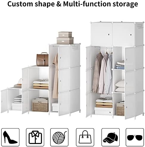 JOISCOPE Portable Wardrobe for Bedroom Foldable Wardrobe With Clothes Hanging Rails, Plastic Combination Armoire Modular 8-Cube Cabinet for Clothes Shoes Toys, White