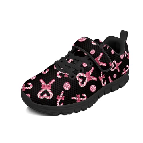 Christmas Candy Pattern Kids Tennis Shoes Breathable Running Shoes Walking Shoes Fashion Sneakers for Boys and Girls（Black Sole）
