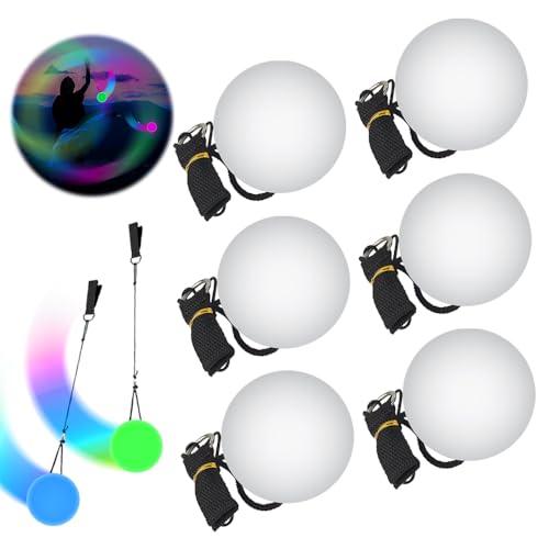 WDKXCN 6 Stück LED Poi Bälle, Soft Spinning Jonglierbälle, Leuchtende POI Jonglierbälle mit Regenbogen Farben, Jonglierbälle mit Verstellbaren Doppelschlaufen-Leinen, für Anfänger & Profis