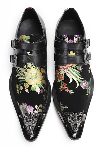 Santimon Men's Metal Tip Toe Loafers-Stylish Mens Dress Slip-Ons for Wedding, Party, Prom-Leather Casual Shoes with Double Buckle and Floral3