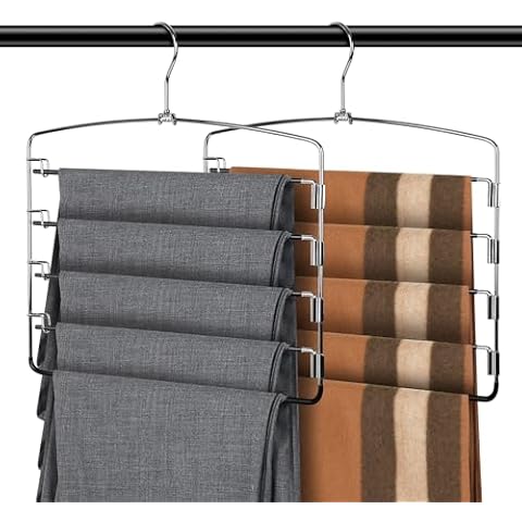 KLEVERISE 2 Pack Pants Hangers Space Saving, 5 Layer Tiered Non-Slip Stainless Steel Pants Hangers, Multi-Tier Pants Organizer Hangers, Swing Arm Space Saver Pants Hangers for Jeans Trousers Cover