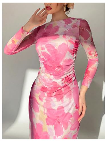 Image of Milumia Women's Floral Print Sheer Dress Crew Neck Long Sleeve Bodycon Maxi Dresses